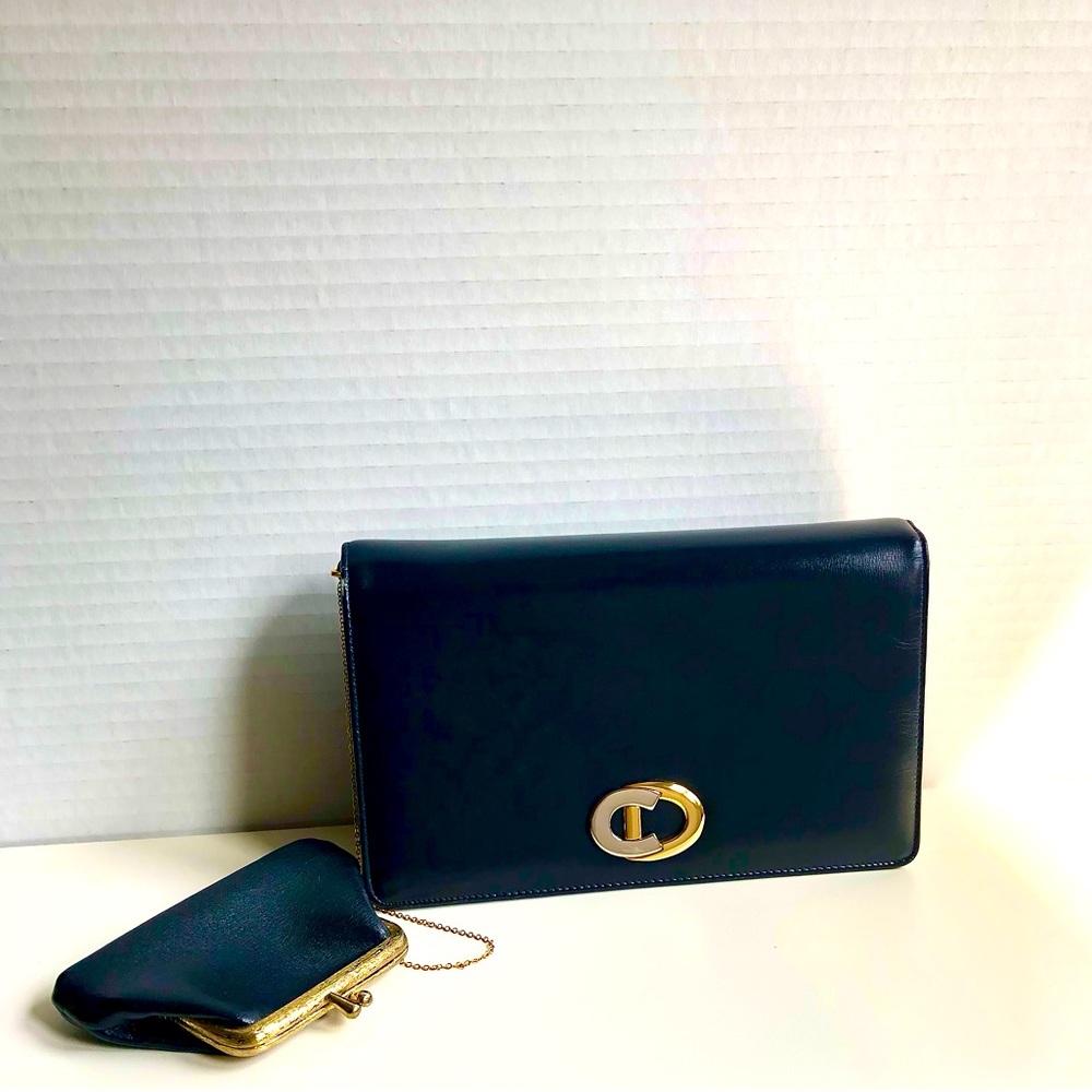 Vintage ✨ Christian Dior CD Box Leather Flap Shoulder Clutch Bag Coin Purse COA